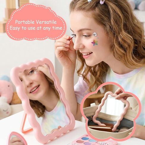 Pink Mirror, 6.9 * 5.3 Inch Small Mirror for Desk, Wave Shaped Personal Mirrors, Portable Folding Mirrors for Standing Hanging for Women, Offices and Bedrooms in Saudi Arabia