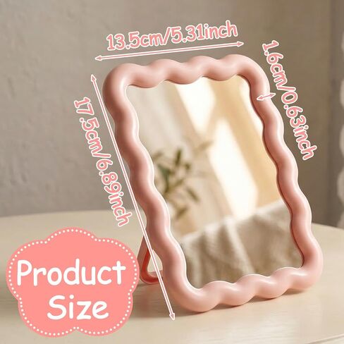 Pink Mirror, 6.9 * 5.3 Inch Small Mirror for Desk, Wave Shaped Personal Mirrors, Portable Folding Mirrors for Standing Hanging for Women, Offices and Bedrooms in Saudi Arabia