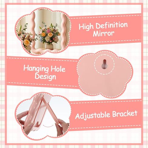 Pink Mirror, 6.9 * 5.3 Inch Small Mirror for Desk, Wave Shaped Personal Mirrors, Portable Folding Mirrors for Standing Hanging for Women, Offices and Bedrooms in Saudi Arabia