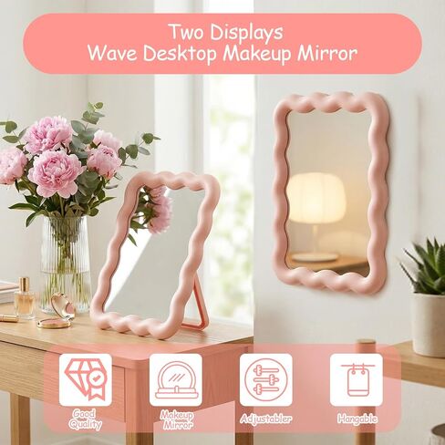 Pink Mirror, 6.9 * 5.3 Inch Small Mirror for Desk, Wave Shaped Personal Mirrors, Portable Folding Mirrors for Standing Hanging for Women, Offices and Bedrooms in Saudi Arabia