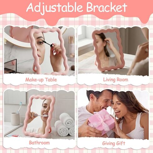 Pink Mirror, 6.9 * 5.3 Inch Small Mirror for Desk, Wave Shaped Personal Mirrors, Portable Folding Mirrors for Standing Hanging for Women, Offices and Bedrooms in Saudi Arabia
