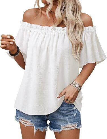 Bebonnie Womens Summer Blouses Dressy Casual Sexy Off The Shoulder Short Sleeve Boho Tops in Saudi Arabia