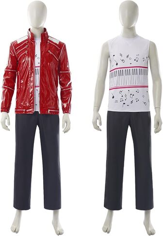 Mens Popstar Dance Costume, Red Leather Zipper Jacket, 80s Stage Outfit for Halloween Party Performance in Kuwait