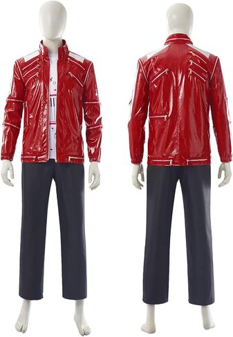 Mens Popstar Dance Costume, Red Leather Zipper Jacket, 80s Stage Outfit for Halloween Party Performance in Kuwait