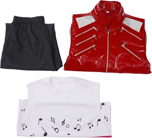 Mens Popstar Dance Costume, Red Leather Zipper Jacket, 80s Stage Outfit for Halloween Party Performance in Kuwait