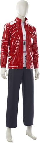 Mens Popstar Dance Costume, Red Leather Zipper Jacket, 80s Stage Outfit for Halloween Party Performance in Kuwait