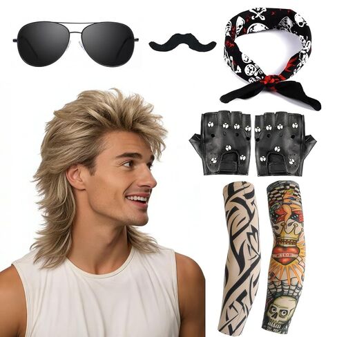 6 Pcs Rocker Costume Men's Wigs Brown long hair Disco Men's Party Costume Men with Wigs Sunglasses Beards Sleeves Gloves Headscarves for 70s 80s 90s in Saudi Arabia