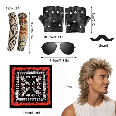 6 Pcs Rocker Costume Men's Wigs Brown long hair Disco Men's Party Costume Men with Wigs Sunglasses Beards Sleeves Gloves Headscarves for 70s 80s 90s in Saudi Arabia