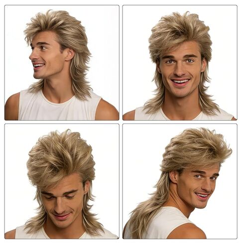 6 Pcs Rocker Costume Men's Wigs Brown long hair Disco Men's Party Costume Men with Wigs Sunglasses Beards Sleeves Gloves Headscarves for 70s 80s 90s in Saudi Arabia