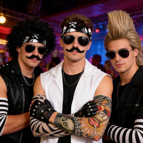 6 Pcs Rocker Costume Men's Wigs Brown long hair Disco Men's Party Costume Men with Wigs Sunglasses Beards Sleeves Gloves Headscarves for 70s 80s 90s in Saudi Arabia
