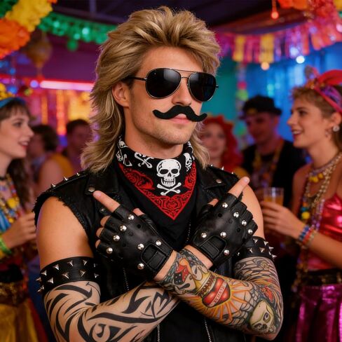 6 Pcs Rocker Costume Men's Wigs Brown long hair Disco Men's Party Costume Men with Wigs Sunglasses Beards Sleeves Gloves Headscarves for 70s 80s 90s in Saudi Arabia