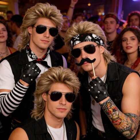 6 Pcs Rocker Costume Men's Wigs Brown long hair Disco Men's Party Costume Men with Wigs Sunglasses Beards Sleeves Gloves Headscarves for 70s 80s 90s in Saudi Arabia