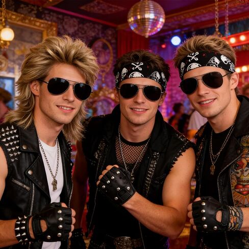 6 Pcs Rocker Costume Men's Wigs Brown long hair Disco Men's Party Costume Men with Wigs Sunglasses Beards Sleeves Gloves Headscarves for 70s 80s 90s in Saudi Arabia