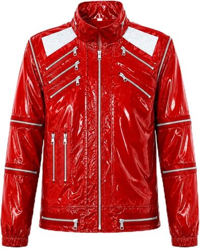 Mens Popstar Dance Costume, Red Leather Zipper Jacket, 80s Stage Outfit for Halloween Party Performance in Kuwait