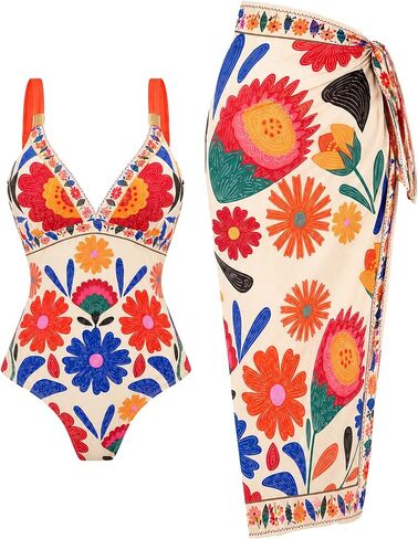 Leoparts Women's One Piece Swimsuit with Sarong Cover Up V Neck Floral Print Bathing Suit with Mesh Wrap Skirt in Saudi Arabia