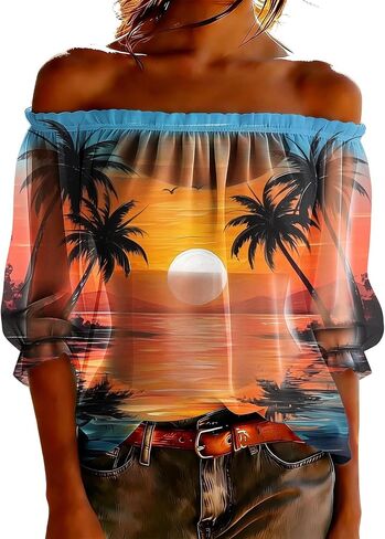 Women's Chiffon Boho Shirts Off Shoulder Sheer See Through Tops Summer Floral Printed 3/4 Sleeve Ruffle Vacation Blouse in Kuwait
