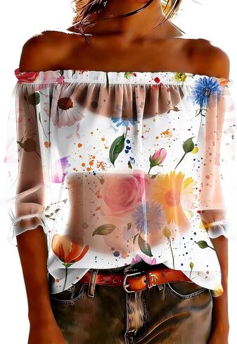 Women's Chiffon Boho Shirts Off Shoulder Sheer See Through Tops Summer Floral Printed 3/4 Sleeve Ruffle Vacation Blouse in Kuwait