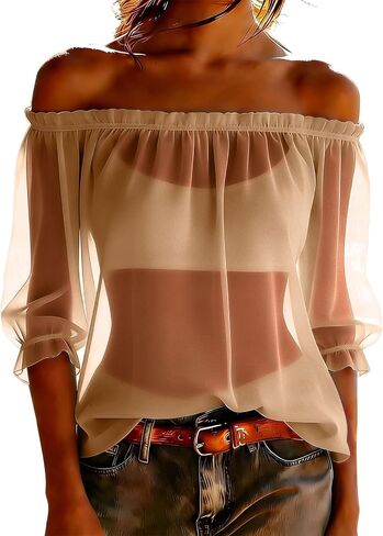 Women's Chiffon Boho Shirts Off Shoulder Sheer See Through Tops Summer Floral Printed 3/4 Sleeve Ruffle Vacation Blouse in Kuwait