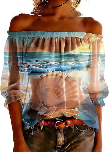 Women's Chiffon Boho Shirts Off Shoulder Sheer See Through Tops Summer Floral Printed 3/4 Sleeve Ruffle Vacation Blouse in Kuwait
