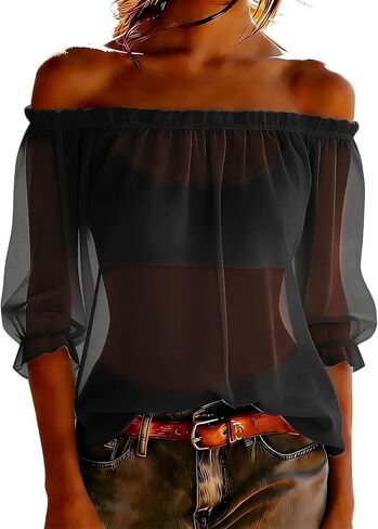 Women's Chiffon Boho Shirts Off Shoulder Sheer See Through Tops Summer Floral Printed 3/4 Sleeve Ruffle Vacation Blouse in Kuwait