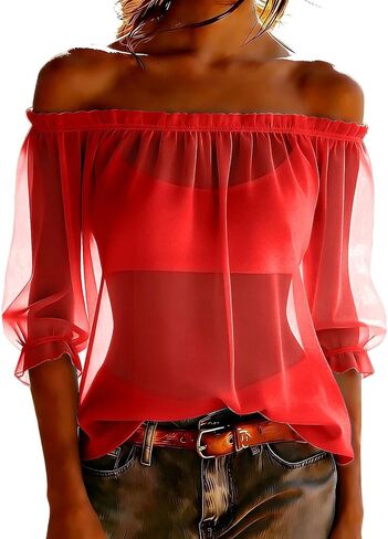 Women's Chiffon Boho Shirts Off Shoulder Sheer See Through Tops Summer Floral Printed 3/4 Sleeve Ruffle Vacation Blouse in Kuwait