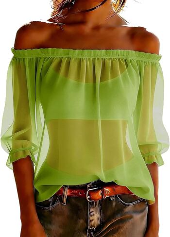 Women's Chiffon Boho Shirts Off Shoulder Sheer See Through Tops Summer Floral Printed 3/4 Sleeve Ruffle Vacation Blouse in Kuwait