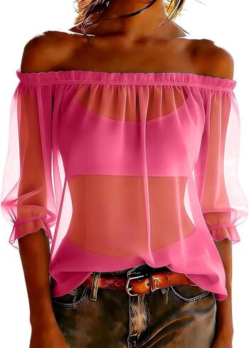 Women's Chiffon Boho Shirts Off Shoulder Sheer See Through Tops Summer Floral Printed 3/4 Sleeve Ruffle Vacation Blouse in Kuwait