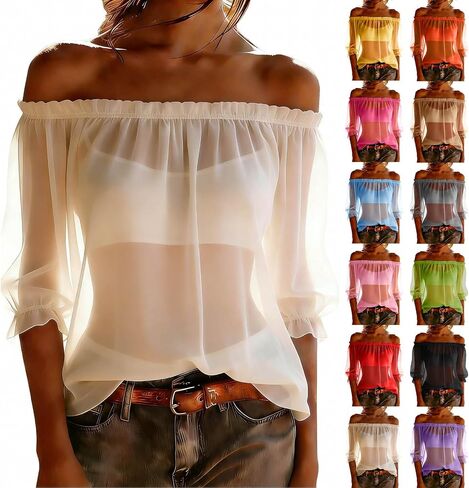 Women's Chiffon Boho Shirts Off Shoulder Sheer See Through Tops Summer Floral Printed 3/4 Sleeve Ruffle Vacation Blouse in Kuwait