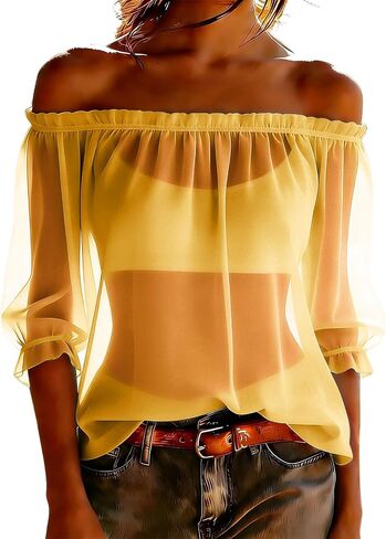 Women's Chiffon Boho Shirts Off Shoulder Sheer See Through Tops Summer Floral Printed 3/4 Sleeve Ruffle Vacation Blouse in Kuwait