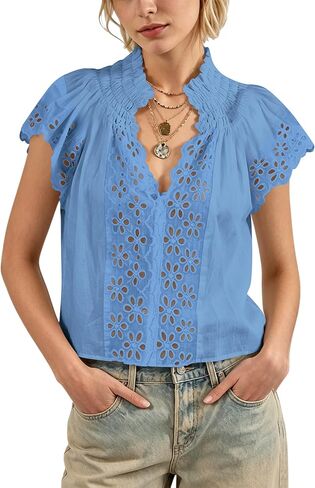 Women Lace Embroidered Eyelet Blouses Boho Ruffle Cap Sleeve Tops Summer Dressy Causal Deep V Neck Hollow Out Shirts in Saudi Arabia