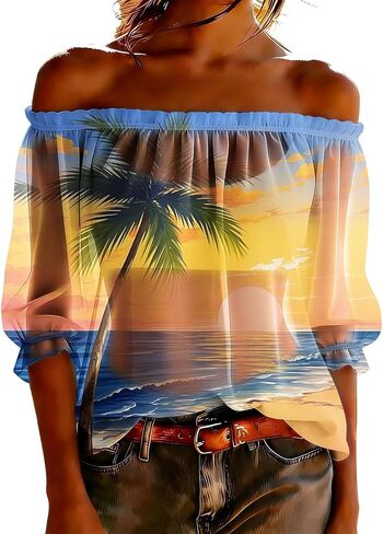 Women's Chiffon Boho Shirts Off Shoulder Sheer See Through Tops Summer Floral Printed 3/4 Sleeve Ruffle Vacation Blouse in Kuwait