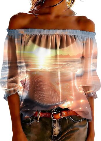 Women's Chiffon Boho Shirts Off Shoulder Sheer See Through Tops Summer Floral Printed 3/4 Sleeve Ruffle Vacation Blouse in Kuwait