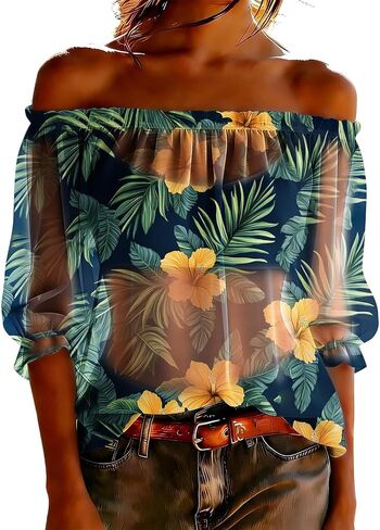 Women's Chiffon Boho Shirts Off Shoulder Sheer See Through Tops Summer Floral Printed 3/4 Sleeve Ruffle Vacation Blouse in Kuwait