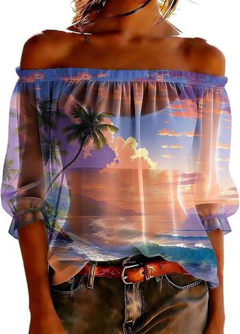 Women's Chiffon Boho Shirts Off Shoulder Sheer See Through Tops Summer Floral Printed 3/4 Sleeve Ruffle Vacation Blouse in Kuwait