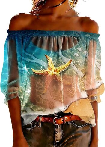 Women's Chiffon Boho Shirts Off Shoulder Sheer See Through Tops Summer Floral Printed 3/4 Sleeve Ruffle Vacation Blouse in Kuwait
