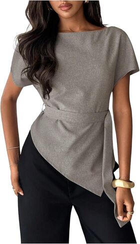 MakeMeChic Women's Boat Neck Dressy Blouse Short Sleeve Asymmetrical Belted Work Office Tops in Kuwait