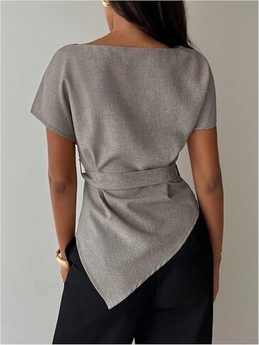 MakeMeChic Women's Boat Neck Dressy Blouse Short Sleeve Asymmetrical Belted Work Office Tops in Kuwait