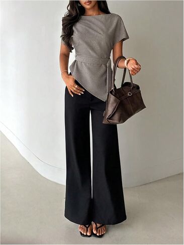 MakeMeChic Women's Boat Neck Dressy Blouse Short Sleeve Asymmetrical Belted Work Office Tops in Kuwait