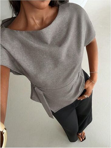 MakeMeChic Women's Boat Neck Dressy Blouse Short Sleeve Asymmetrical Belted Work Office Tops in Kuwait