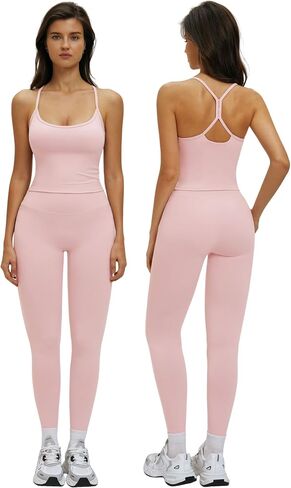 2 Piece Workout Sets for Women Padded Y Back Crop Tank High Waist Tummy Control Active Leggings Sets Yoga Outfits in Saudi Arabia