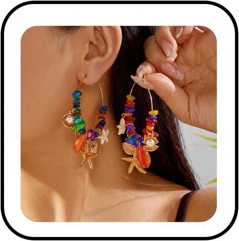Starfish Hoop Earrings for Women Colorful Starfish Shell Earrings Rainbow Beaded Dangle Earring Bohemian Gravel Earring Summer Charm Ocean Themed Jewelry Boho Beach Holiday Vacation Jewelry in Saudi Arabia