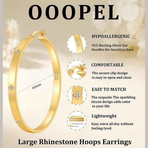 OOOPEL Sterling Silver Hoop Earrings for Women Hypoallergenic 925 Sterling Silver/Gold Plated Large Rhinestone Hoops Earrings Lightweight Sparkly Big Silver Hoop with Cubic Zirconia 30/40/50/60mm in Saudi Arabia