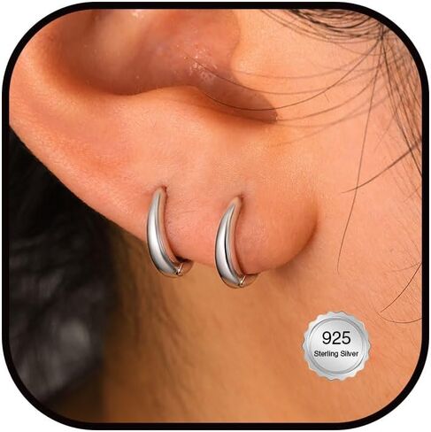 Hypoallergenic 925 Sterling Silver Chunky Hoop Earrings for Women, Tapered Lightweight Huggie for Sensitive Ears, Small Dainty Cartilage Ring for Lobe Helix Tragus, Second Hole Jewelry 6-12mm in Saudi Arabia