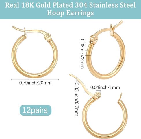 Beebeecraft 1 Box 12 Pairs Hoop Earrings 18K Gold Plated 304 Stainless Steel 20mm Cartilage Ear Cuff Tiny Hoop Hugging Earring Sleeper Earwires Components for Gift in Kuwait