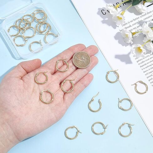 Beebeecraft 1 Box 12 Pairs Hoop Earrings 18K Gold Plated 304 Stainless Steel 20mm Cartilage Ear Cuff Tiny Hoop Hugging Earring Sleeper Earwires Components for Gift in Kuwait