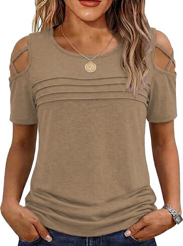 Jar of Love Women's Short Sleeve Cold Shoudler Pleated Front Tops T-Shirts for Women Spring Summer Tops Loose Fit Tops 2026 in Saudi Arabia