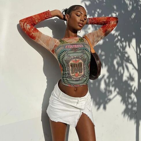 Women Long Sleeve Graphic Mesh See Streetwear T Shirts Tops Coquette Clothes Aesthetic Shirts Y2k Grunge Clothes in Saudi Arabia