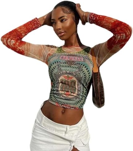 Women Long Sleeve Graphic Mesh See Streetwear T Shirts Tops Coquette Clothes Aesthetic Shirts Y2k Grunge Clothes in Saudi Arabia