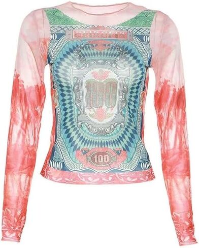 Women Long Sleeve Graphic Mesh See Streetwear T Shirts Tops Coquette Clothes Aesthetic Shirts Y2k Grunge Clothes in Saudi Arabia