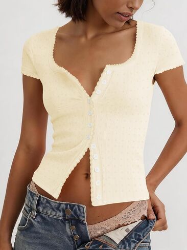 Women Button Down Knit Tops Summer Square Neck Cap Sleeve Stretchy Slim Fit Going Out Tee Shirt in Kuwait